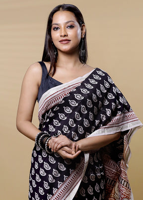 Black Chanderi Cotton Saree With Blouse Piece