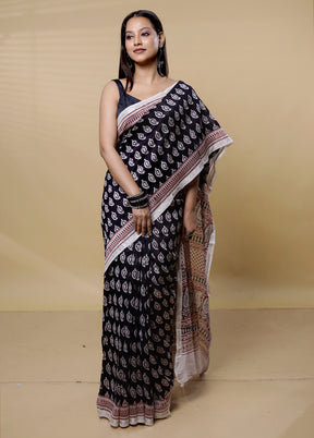 Black Chanderi Cotton Saree With Blouse Piece