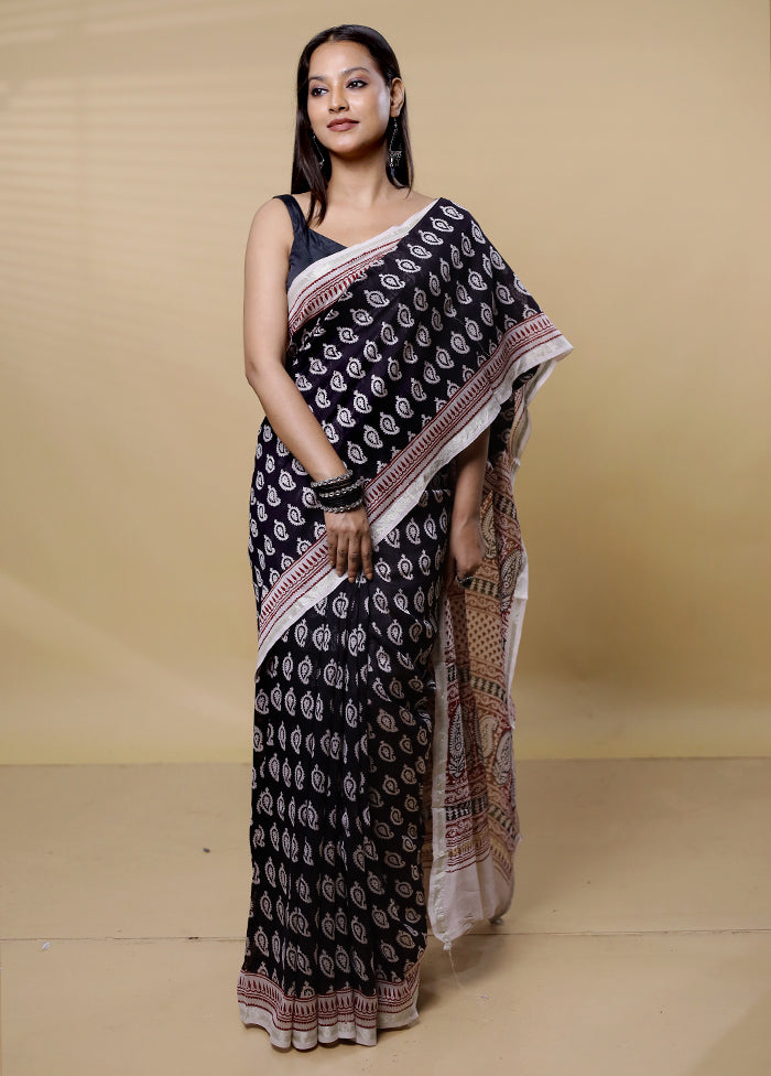 Black Chanderi Cotton Saree With Blouse Piece