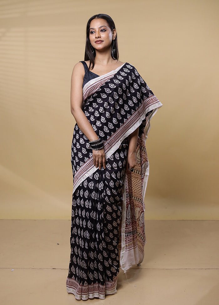 Black Chanderi Cotton Saree With Blouse Piece