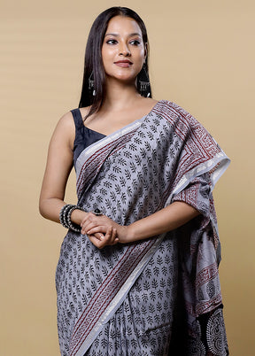 Grey Chanderi Cotton Saree With Blouse Piece