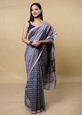 Grey Chanderi Cotton Saree With Blouse Piece