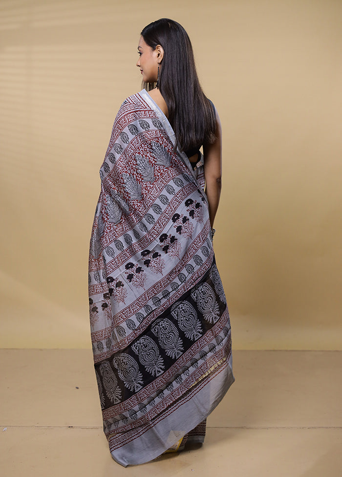 Grey Chanderi Cotton Saree With Blouse Piece