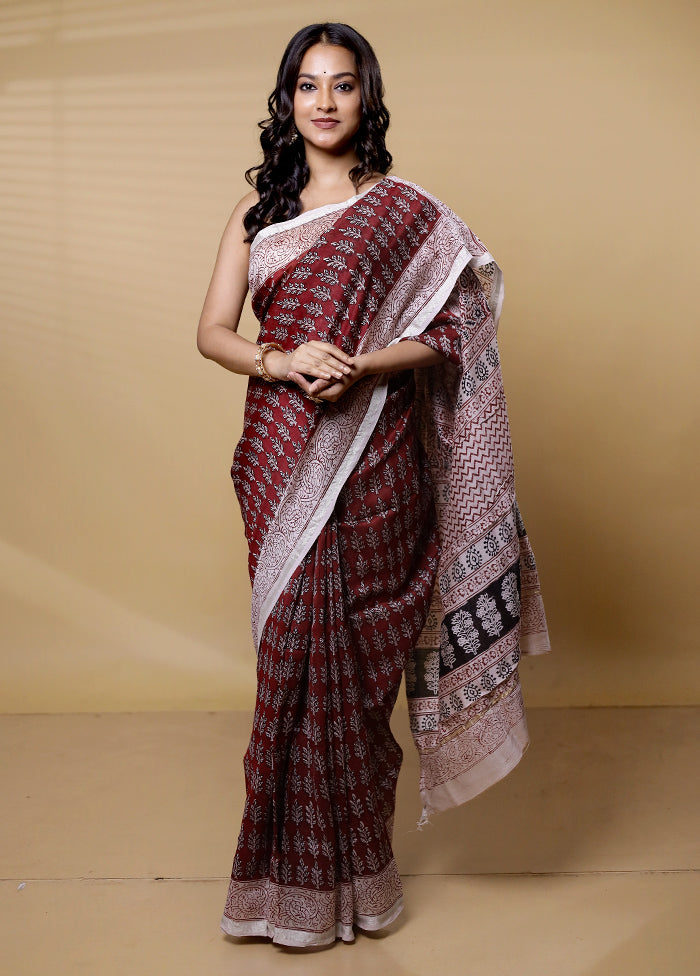 Maroon Chanderi Cotton Saree With Blouse Piece