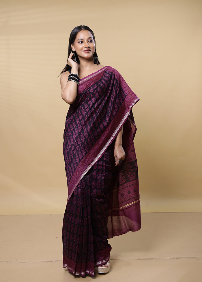 Purple Chanderi Cotton Saree With Blouse Piece