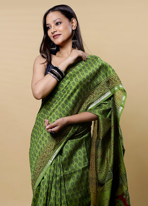 Green Chanderi Cotton Saree With Blouse Piece