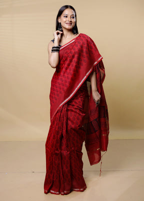 Red Chanderi Cotton Saree With Blouse Piece