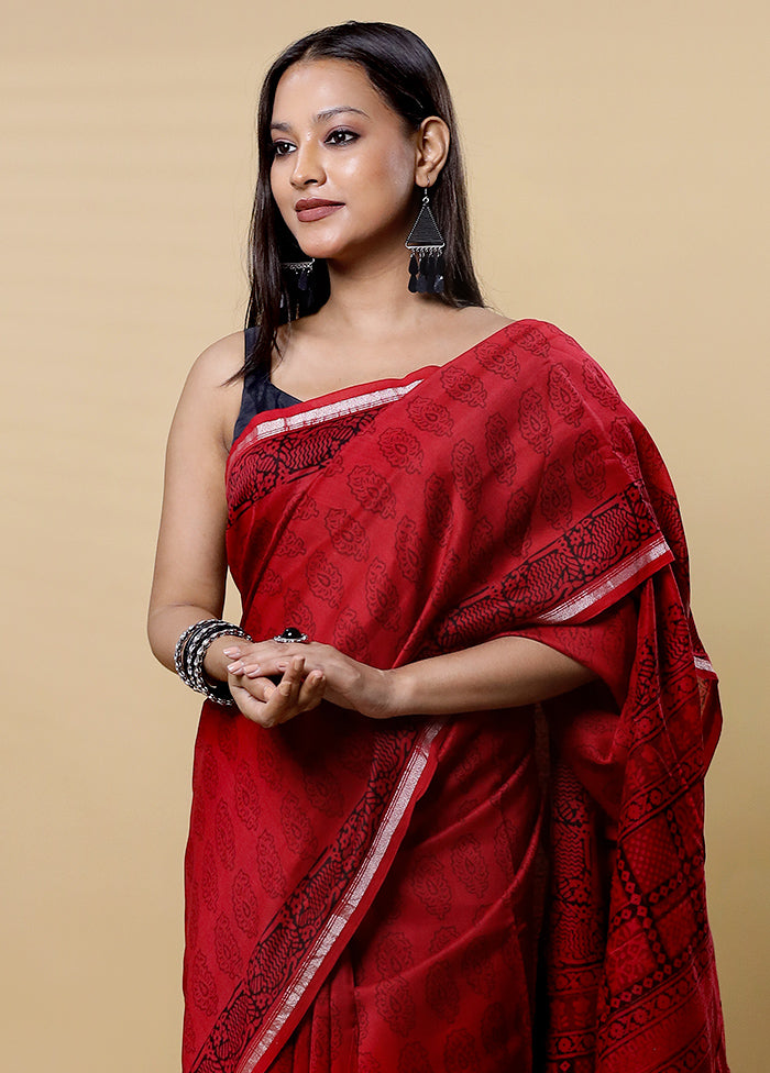 Maroon Chanderi Cotton Saree With Blouse Piece