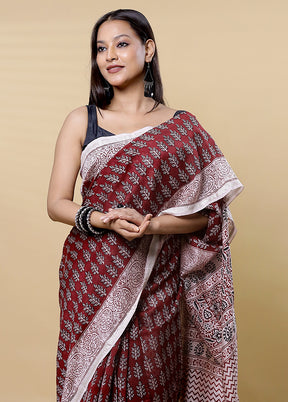 Maroon Chanderi Cotton Saree With Blouse Piece