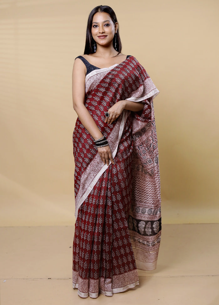 Maroon Chanderi Cotton Saree With Blouse Piece