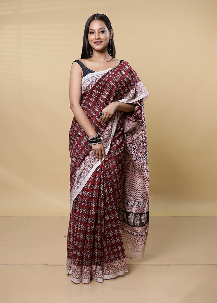 Maroon Chanderi Cotton Saree With Blouse Piece