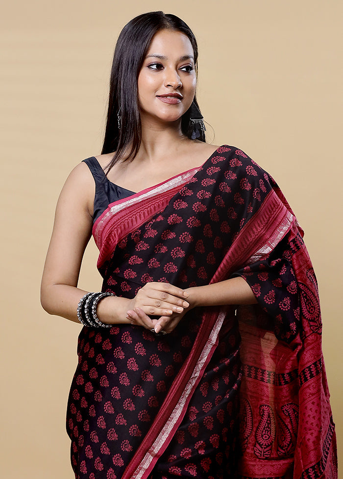 Black Chanderi Cotton Saree With Blouse Piece