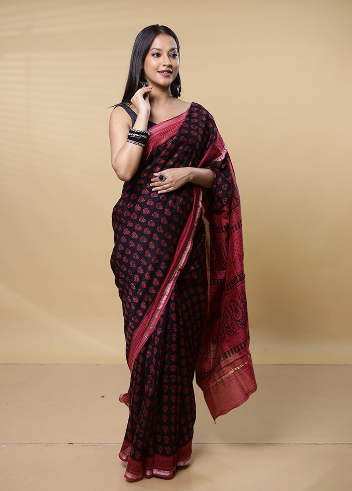 Black Chanderi Cotton Saree With Blouse Piece