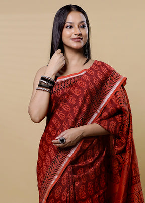 Rust Chanderi Cotton Saree With Blouse Piece