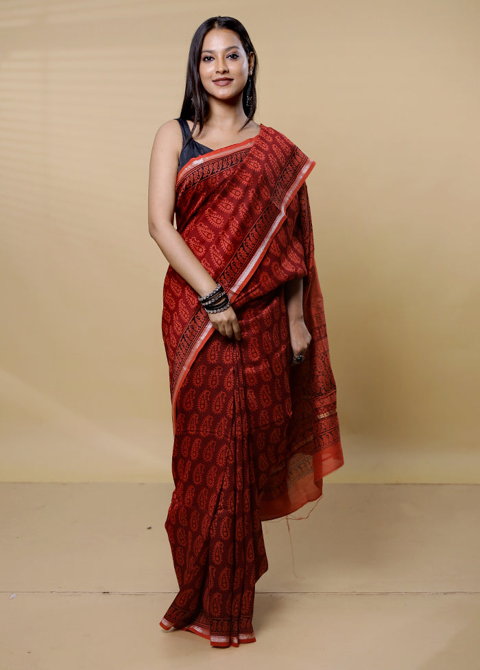 Rust Chanderi Cotton Saree With Blouse Piece