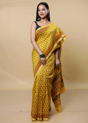 Yellow Chanderi Cotton Saree With Blouse Piece