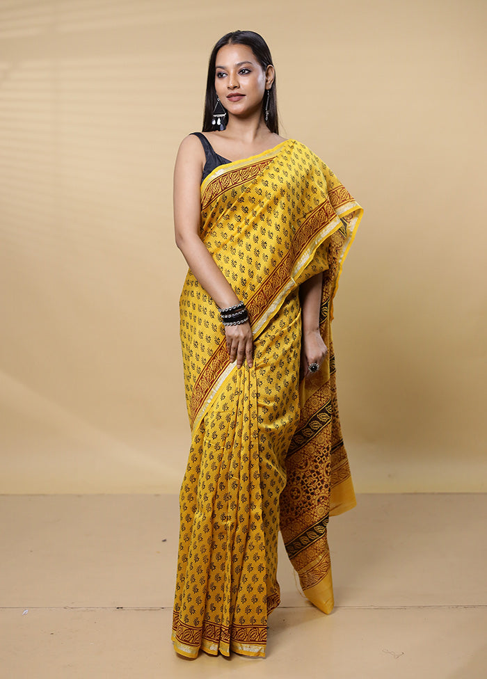 Yellow Chanderi Cotton Saree With Blouse Piece