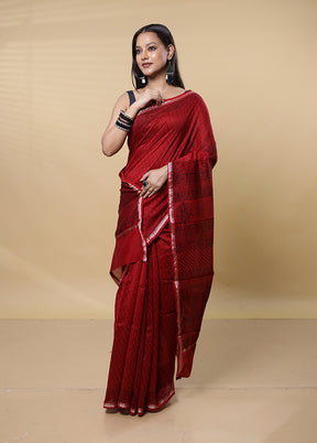 Red Chanderi Cotton Saree With Blouse Piece