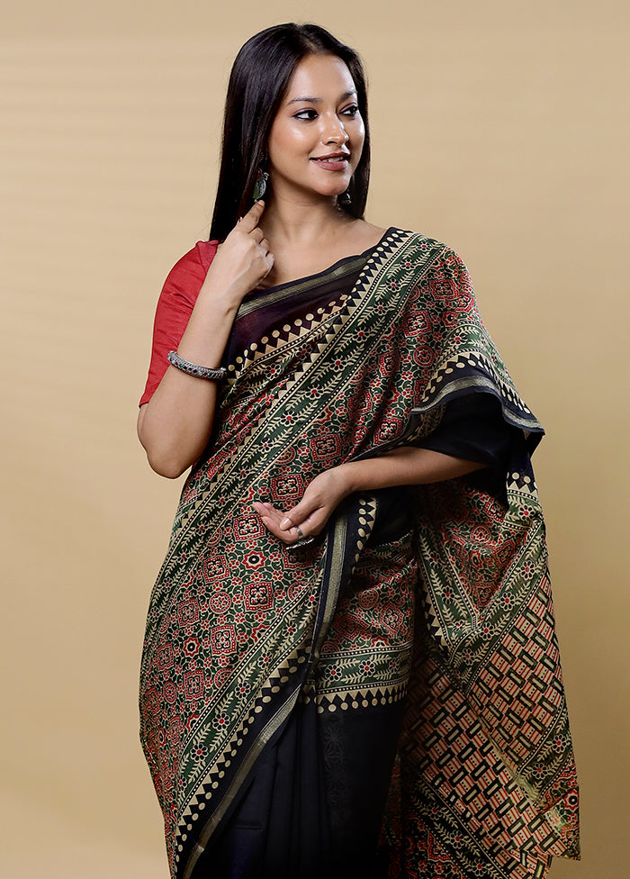 Black Chanderi Cotton Saree With Blouse Piece