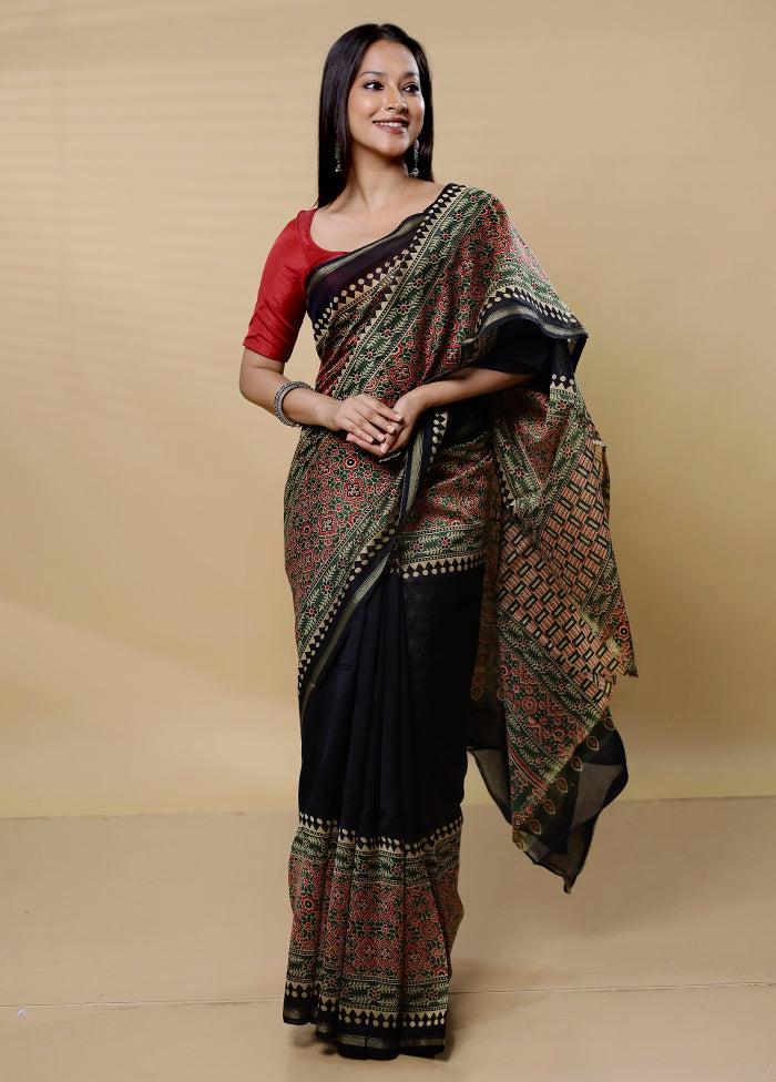 Black Chanderi Cotton Saree With Blouse Piece