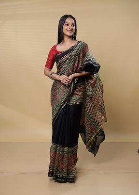 Black Chanderi Cotton Saree With Blouse Piece