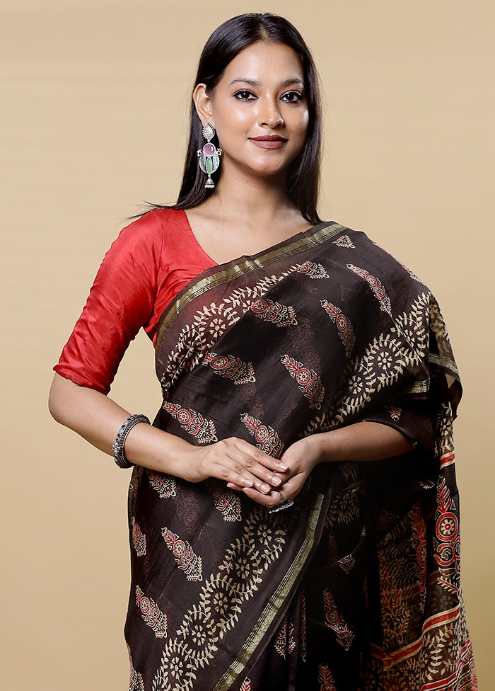 Black Chanderi Cotton Saree With Blouse Piece