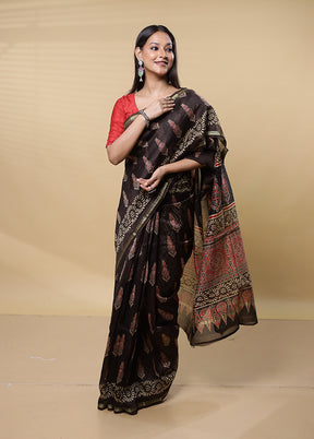 Black Chanderi Cotton Saree With Blouse Piece