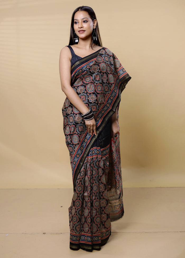 Black Chanderi Cotton Saree With Blouse Piece