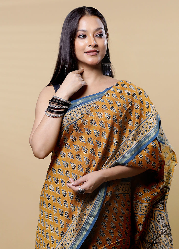 Yellow Chanderi Cotton Saree With Blouse Piece