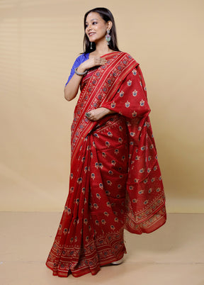 Red Chanderi Cotton Saree With Blouse Piece