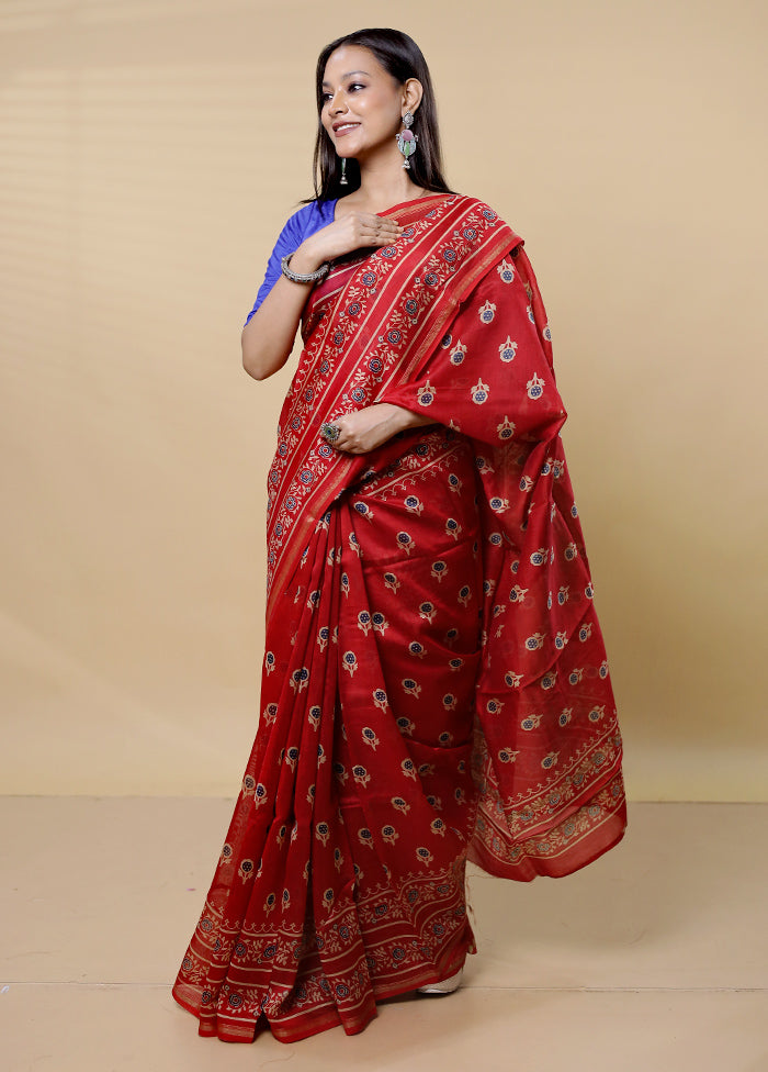 Red Chanderi Cotton Saree With Blouse Piece