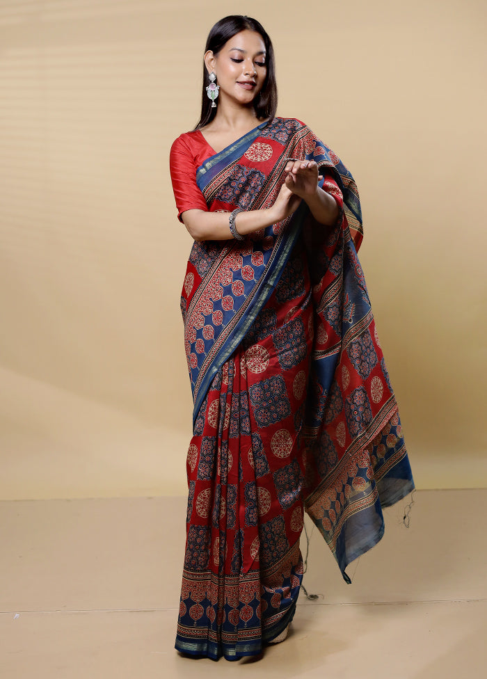 Red Chanderi Cotton Saree With Blouse Piece