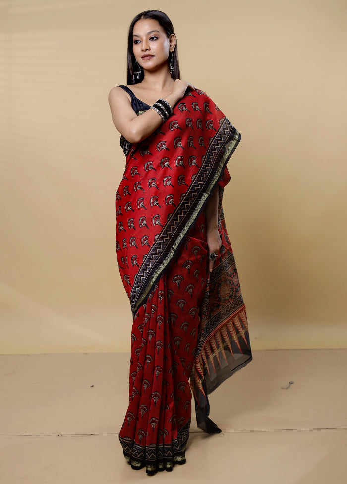 Red Chanderi Cotton Saree With Blouse Piece