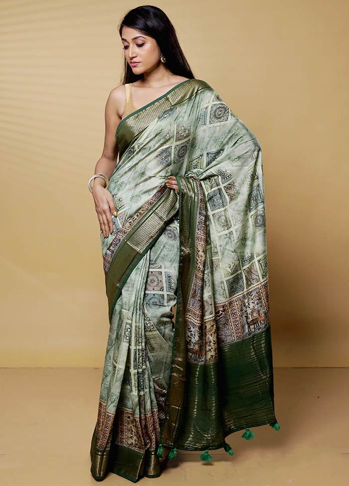 Green Dupion Silk Saree With Blouse Piece