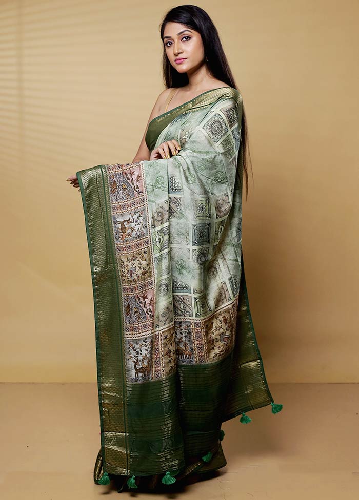 Green Dupion Silk Saree With Blouse Piece