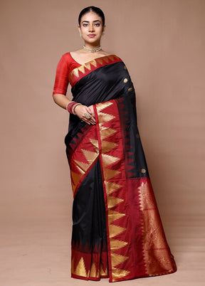 Black Handloom Kanjivaram Pure Silk Saree With Blouse Piece