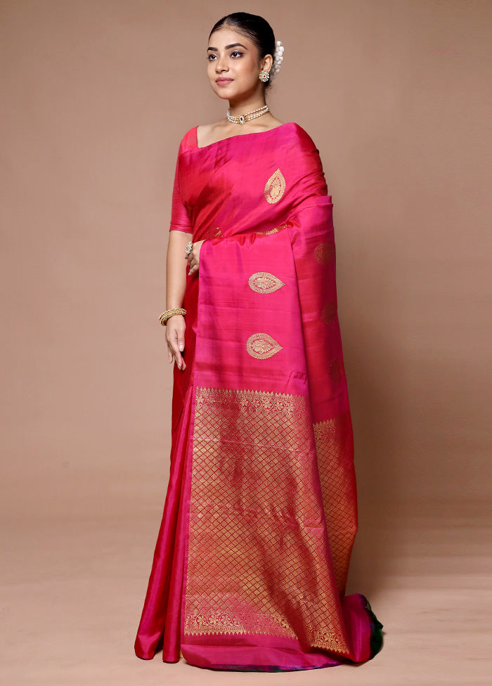 Pink Handloom Kanjivaram Pure Silk Saree With Blouse Piece