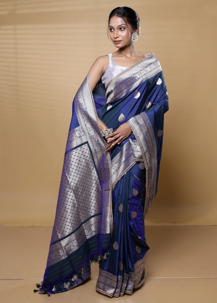 Blue Dupion Silk Saree With Blouse Piece