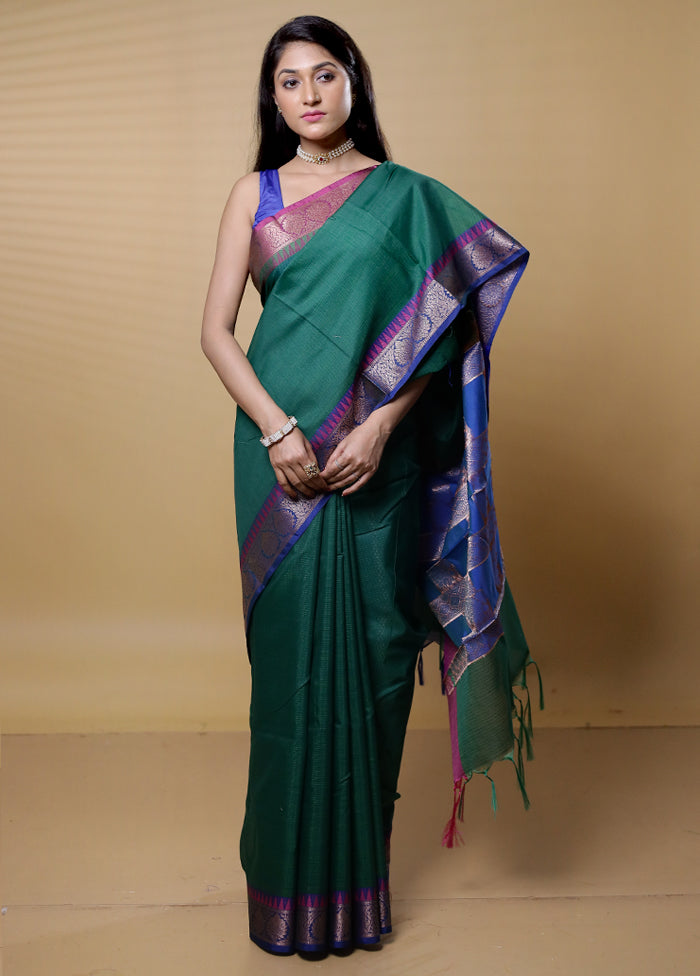 Green Kota Cotton Saree With Blouse Piece