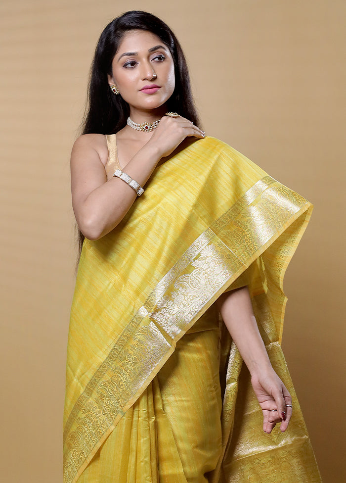 Yellow Dupion Silk Saree With Blouse Piece