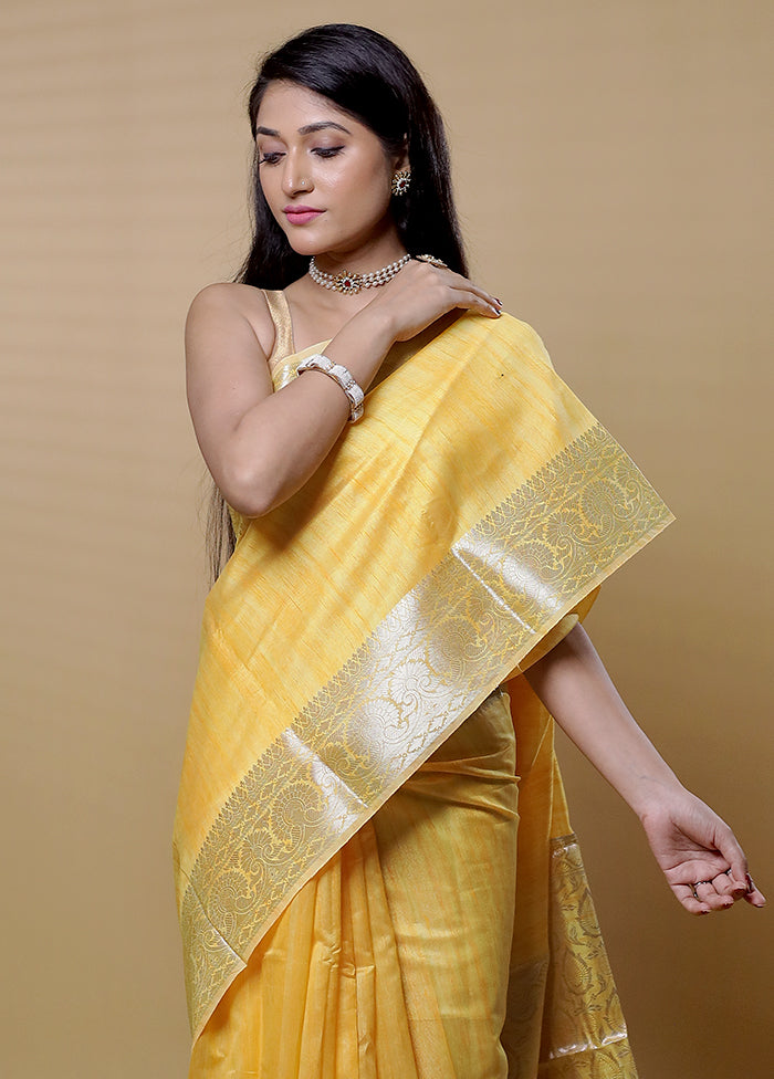 Yellow Dupion Silk Saree With Blouse Piece