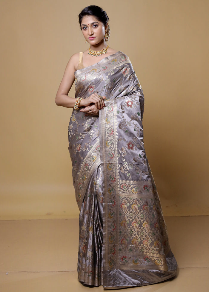 Grey Dupion Silk Saree With Blouse Piece