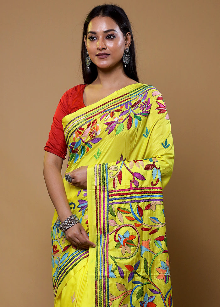 Yellow Kantha Stitch Silk Saree With Blouse Piece