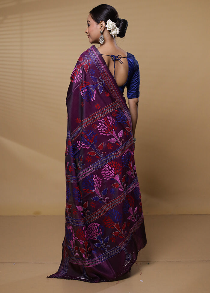 Purple Kantha Stitch Silk Saree With Blouse Piece