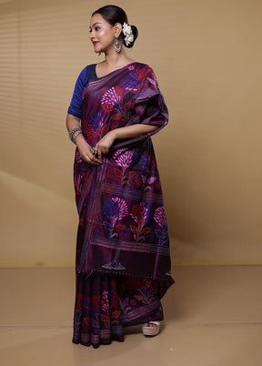 Purple Kantha Stitch Silk Saree With Blouse Piece