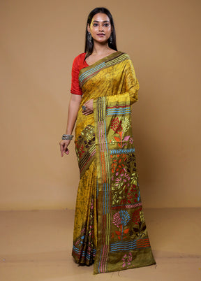 Yellow Kantha Stitch Silk Saree With Blouse Piece