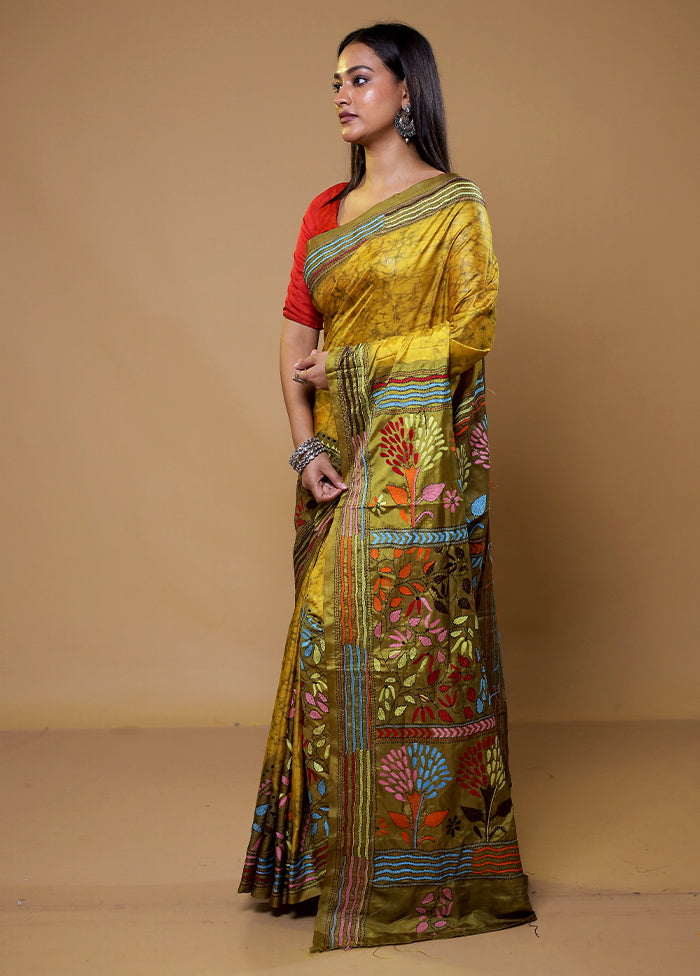 Yellow Kantha Stitch Silk Saree With Blouse Piece