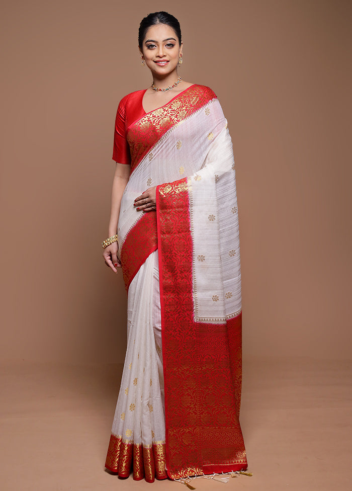 White Dupion Silk Saree With Blouse Piece