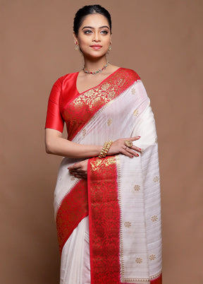 White Dupion Silk Saree With Blouse Piece