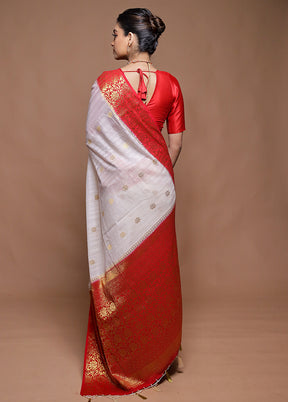 White Dupion Silk Saree With Blouse Piece